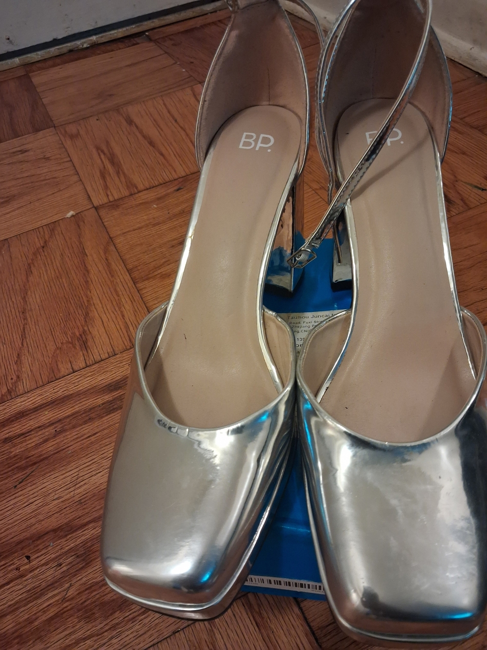 bp Metallic Silver Square-Toe Ankle-Strap Heels